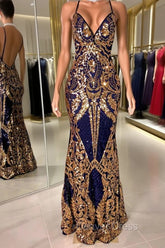 Gorgeous Spaghetti-Straps Sequins Mermaid Prom Dresses Long V-Neck
