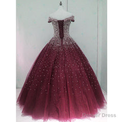 Gorgeous Sparkle Burgundy Off Shoulder Sweet 16 Gown, Burgundy Prom Dress
