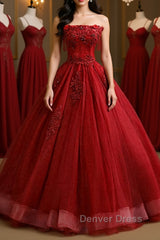 Gorgeous Strapless Burgundy Lace Beaded Long Prom Dresses, Lace Burgundy Formal Evening Dresses, Burgundy Lace Ball Gown