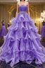 Gorgeous Strapless Layered Purple Tulle Long Prom Dress with Belt, Purple Prom Dresses, Purple Ball Gowns