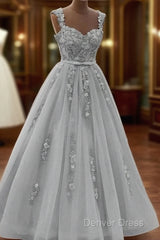 Gorgeous Sweetheart Neck Beaded Gray Floral Lace Prom Dresses, Grey Floral Lace Formal Dresses, Gray Evening Dresses