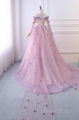Gorgeous Tulle Off Shoulder Flowers Lace-Up Long Formal Dresses, Pink Prom Dresses