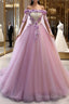 Gorgeous Tulle Off Shoulder Flowers Lace-Up Long Formal Dresses, Pink Prom Dresses