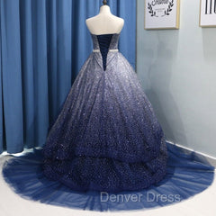 Gorgeous Tulle Strapless Beaded Long Layered Evening Dresses, Blue Formal Dresses Prom Dresses