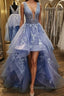 Gorgeous V Neck and V Back Blue Tulle Lace Long Prom Dress, Puffy Blue Lace Prom Dresses