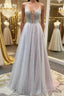 Gorgeous V Neck Backless Beaded Gray Tulle Long Prom Dress, Backless Grey Prom Graduation Prom Dresses