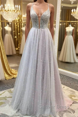Gorgeous V Neck Backless Beaded Gray Tulle Long Prom Dresses, Backless Grey Formal Graduation Evening Dresses