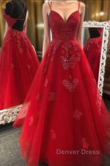 Gorgeous V Neck Backless Red Lace Appliques Prom Dresses