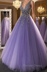 Gorgeous V Neck Beaded Purple Tulle Long Prom Dresses, V Neck Purple Formal Evening Dresses, Purple Ball Gown