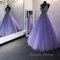 Gorgeous V Neck Beaded Purple Tulle Long Prom Dresses, V Neck Purple Formal Evening Dresses, Purple Ball Gown