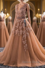 Gorgeous V Neck Champagne Lace Long Prom Dresses, Champagne Lace Formal Graduation Evening Dresses