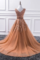 Gorgeous V Neck Champagne Lace Long Prom Dresses, Champagne Lace Formal Graduation Evening Dresses