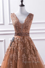 Gorgeous V Neck Champagne Lace Long Prom Dresses, Champagne Lace Formal Graduation Evening Dresses