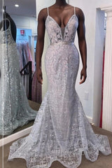 Gorgeous V Neck Mermaid Backless Silver Gray Prom Dresses, Mermaid Silver Gray Formal Dresses, Backless Silver Gray Evening Dresses