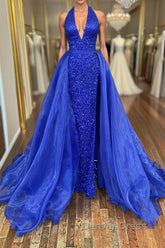 Gorgeous V Neck Mermaid Blue Sequins Long Prom Dresses, Mermaid Blue Formal Dresses, Blue Evening Dresses