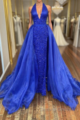 Gorgeous V Neck Mermaid Blue Sequins Long Prom Dresses, Mermaid Blue Formal Dresses, Blue Evening Dresses