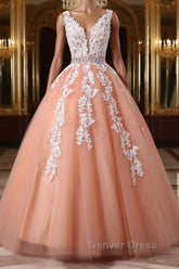 Gorgeous V Neck Open Back Coral Lace Floral Long Prom Dresses, Coral Lace Formal Dresses, Coral Evening Dresses with Appliques