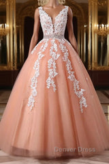 Gorgeous V Neck Open Back Coral Lace Floral Long Prom Dresses, Coral Lace Formal Dresses, Coral Evening Dresses with Appliques
