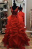 Gorgeous V Neck Open Back Red Lace Long Prom Dress,Prom Dress,Red Ball Gowns Prom Dresses