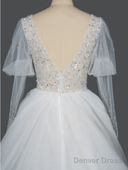 Gorgeous V-Neck Shinny Sequins A-Line Wedding Dress Sheer Sleeves,
