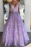 Gorgeous V Neck Thin Straps Purple Long Prom Dresses, V Neck Purple Formal Evening Dresses, Purple Ball Gown
