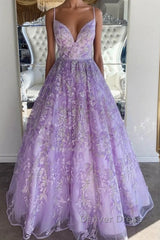 Gorgeous V Neck Thin Straps Purple Long Prom Dresses, V Neck Purple Formal Evening Dresses, Purple Ball Gown