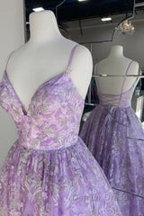 Gorgeous V Neck Thin Straps Purple Long Prom Dresses, V Neck Purple Formal Evening Dresses, Purple Ball Gown