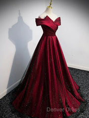 Gorgeous Wine Red Satin Off Shoulder Party Dresses , Beautiful Wine Red Prom Dresses