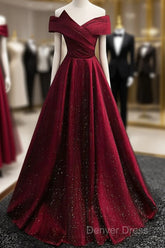 Gorgeous Wine Red Satin Off Shoulder Party Dresses , Beautiful Wine Red Prom Dresses