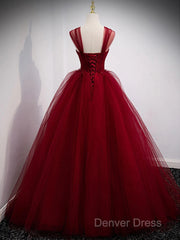 Gorgeous Wine Red Tulle Ball Gown Long Prom Dresses Formal Dresses, Burgundy Sweet 16 Dresses