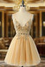 Gorgeous Yellow Homecoming Dress A Line Spaghetti Straps Short Prom Dresses with Beading