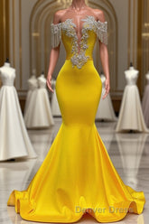 Gorgeous Yellow Long Mermaid Tassel Off the Shoulder Satin Backless Prom Dresses with Ruffles