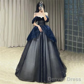 Gothic Glitter Blue Princess Tulle Prom Dress Blue Long Evening Dress