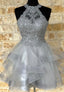 Grey Lace Short Prom Dress, A Line Homecoming Dresses