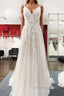 Graceful Long A Line Tulle V Neck Lace Backless Wedding Dresses