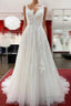 Graceful Long A Line Tulle V Neck Lace Open Back Wedding Dresses