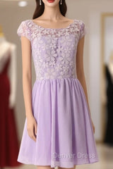 Graceful Purple Lace Round Neckline Short Prom Dresses Purple Bridesmaid Dresses Graduation Dresses