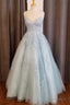 Light Blue Straps Appliques Tulle A Line Long Prom Dresses