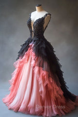 Gradient A-Line Tulle Lace Deep V Neck Long Prom Dresses, Layered Beaded Evening Dresses