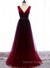 Gradient Beaded Wine Red Tulle Long Party Dresses, A-line Wine Red Prom Formal Dresses
