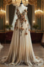 Gradient Champagne V-Neck Chiffon A-Line Prom Dresses Three-Dimensional Rose Simple Wedding Dresses