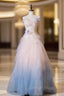 Gradient Color Strapless Tulle A Line Long Birthday Ball Dress Beautiful Wedding Dresses