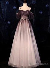 Gradient Off Shoulder Beaded Long Evening Dress, Tulle Prom Dress