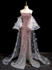 Gradient Pink Sequins Strapless Feather Prom Dress