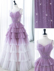 Gradient Purple A-Line Spaghetti Strap Tulle Sequin Long Prom Dress Graduation Prom Dress