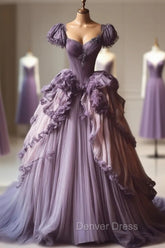 Gradient Purple A-Line Sweetheart Neck Tulle Lace Vintage Long Prom Dresses