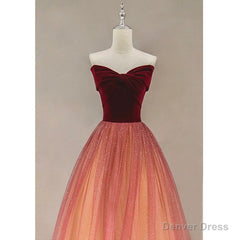 Gradient Red Tulle with Velvet Long Party Dress, Cute Floor Length Formal Dress