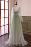 Gradient Tulle Green Long Sleeves Prom Dress, Green Prom Dresses