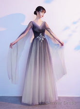 Gradient V-Neckline Tulle Party Dress, A-Line Gradient Evening Dress Prom Dress Evening Dress