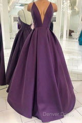 Grape Purple Satin V Neck Backless Long Prom Dresses